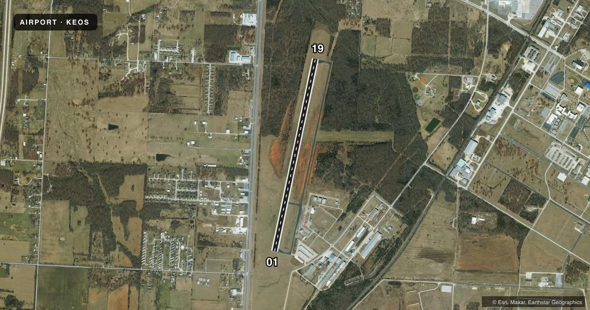 Top-down satellite sketch of KEOS NEOSHO HUGH ROBINSON in NEOSHO, MISSOURI, showing runways 01/19 drawn to scale over Esri World Imagery