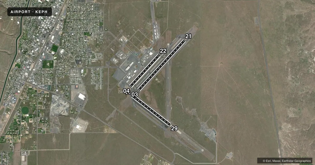 Top-down satellite sketch of KEPH EPHRATA MUNI in EPHRATA, WASHINGTON, showing runways 03/21, 11/29, 04/22 drawn to scale over Esri World Imagery