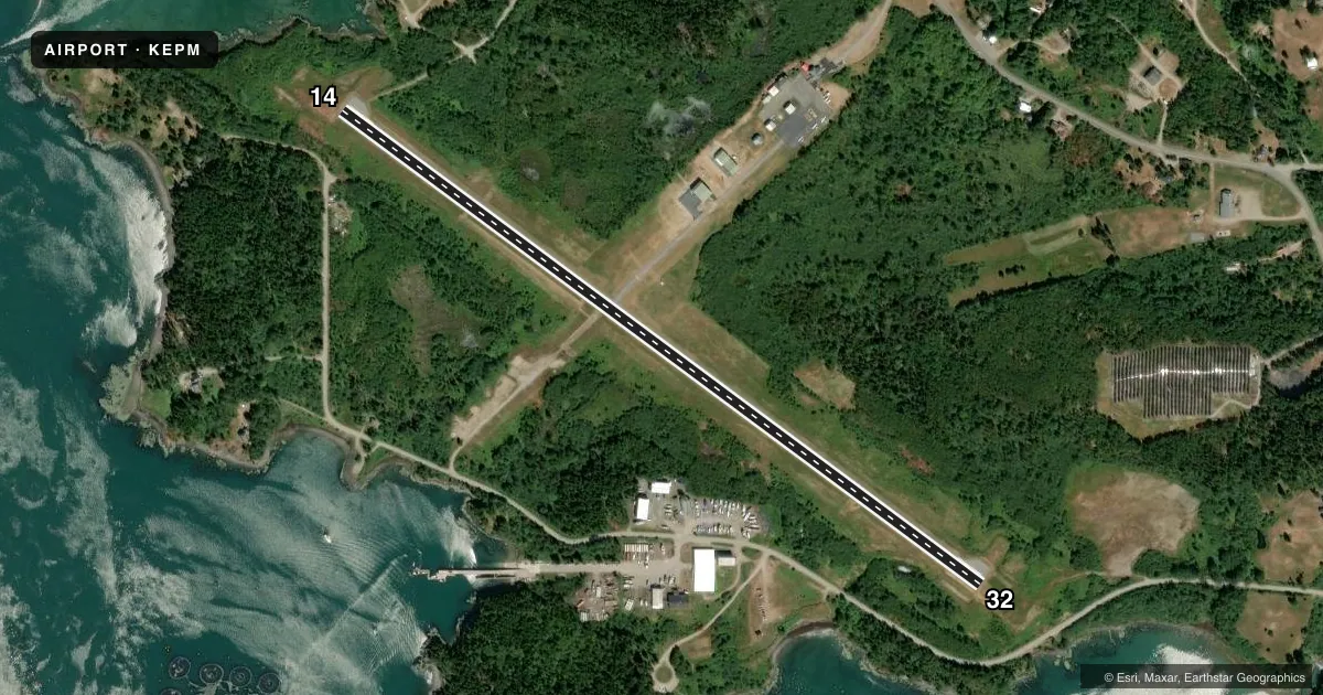 Top-down satellite sketch of KEPM EASTPORT MUNI in EASTPORT, MAINE, showing runways 14/32 drawn to scale over Esri World Imagery