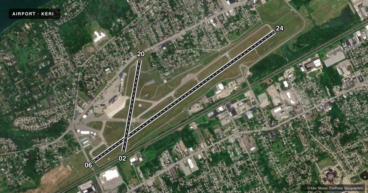 Top-down satellite sketch of KERI ERIE INTL/TOM RIDGE FLD in ERIE, PENNSYLVANIA, showing runways 06/24, 02/20 drawn to scale over Esri World Imagery