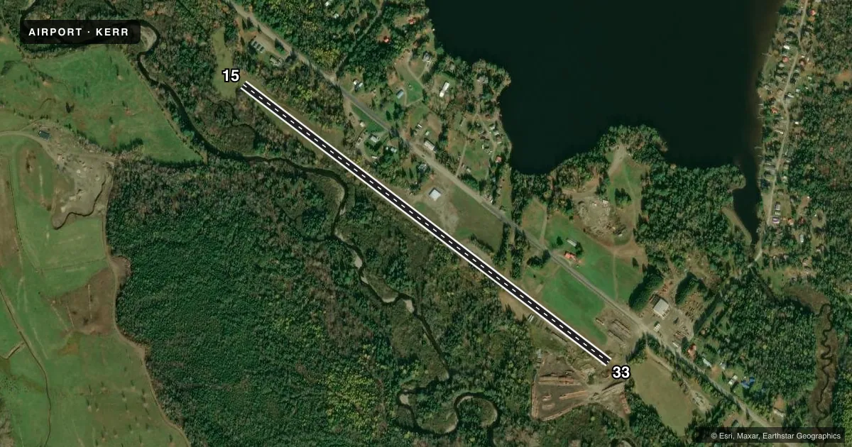 Top-down satellite sketch of KERR ERROL in ERROL, NEW HAMPSHIRE, showing runways 15/33 drawn to scale over Esri World Imagery