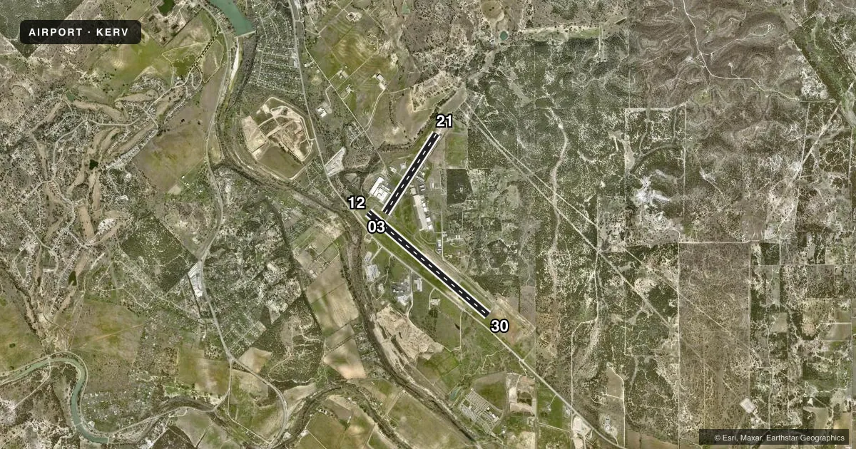 Top-down satellite sketch of KERV KERRVILLE MUNI/LOUIS SCHREINER FLD in KERRVILLE, TEXAS, showing runways 12/30, 03/21 drawn to scale over Esri World Imagery
