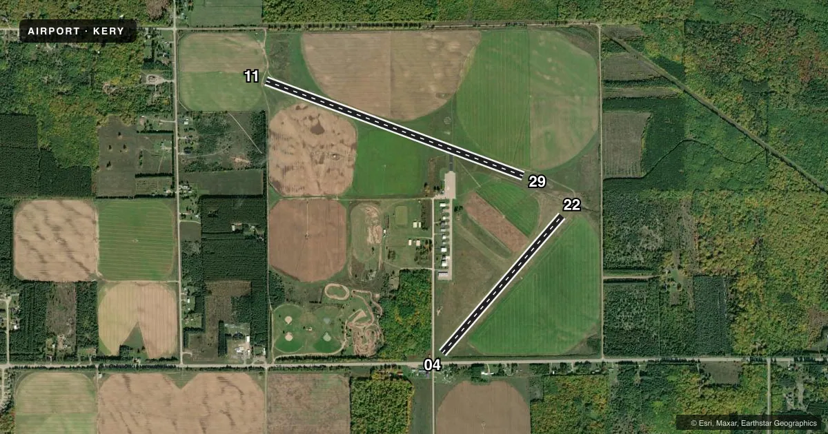 Top-down satellite sketch of KERY LUCE COUNTY in NEWBERRY, MICHIGAN, showing runways 11/29, 04/22 drawn to scale over Esri World Imagery