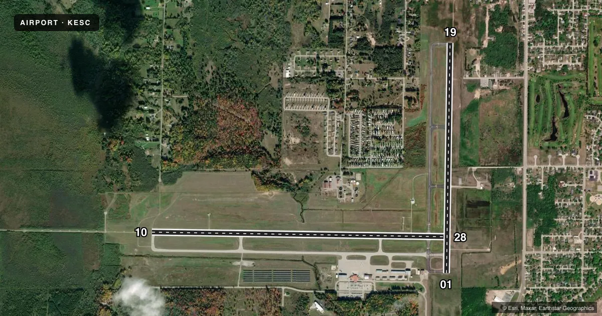 Top-down satellite sketch of KESC DELTA COUNTY in ESCANABA, MICHIGAN, showing runways 10/28, 01/19 drawn to scale over Esri World Imagery