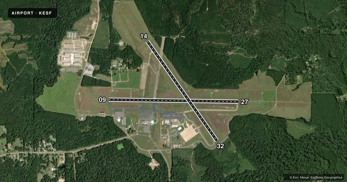 Top-down satellite sketch of KESF ESLER RGNL in ALEXANDRIA, LOUISIANA, showing runways 09/27, 14/32 drawn to scale over Esri World Imagery