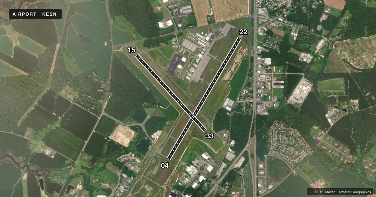 Top-down satellite sketch of KESN EASTON/NEWNAM FLD in EASTON, MARYLAND, showing runways 04/22, 15/33 drawn to scale over Esri World Imagery