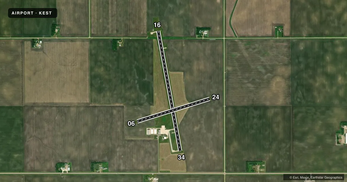 Top-down satellite sketch of KEST ESTHERVILLE MUNI in ESTHERVILLE, IOWA, showing runways 16/34, 06/24 drawn to scale over Esri World Imagery