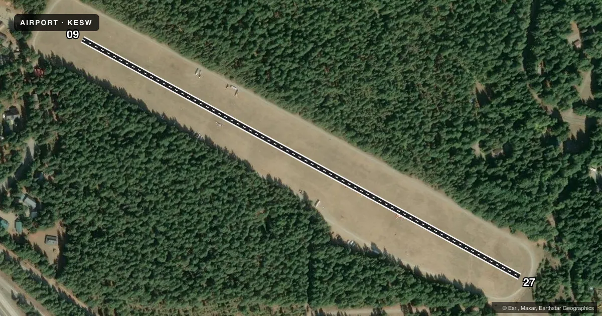 Top-down satellite sketch of KESW EASTON STATE in EASTON, WASHINGTON, showing runways 09/27 drawn to scale over Esri World Imagery