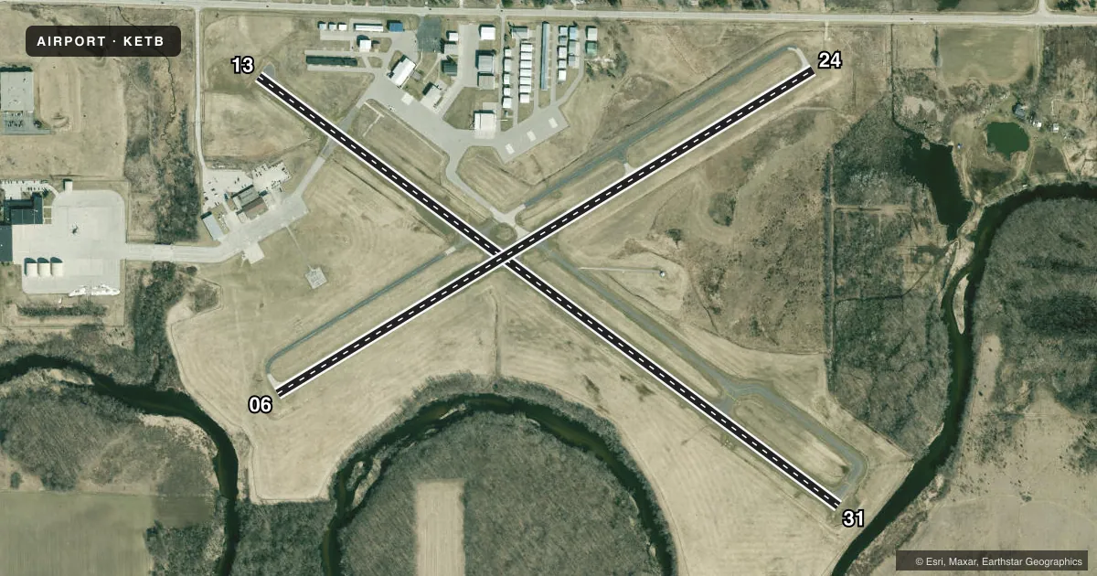 Top-down satellite sketch of KETB WEST BEND MUNI in WEST BEND, WISCONSIN, showing runways 13/31, 06/24 drawn to scale over Esri World Imagery