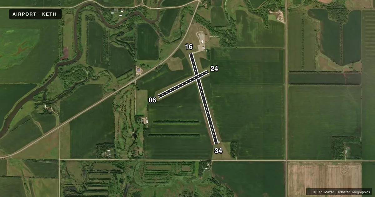 Top-down satellite sketch of KETH WHEATON MUNI in WHEATON, MINNESOTA, showing runways 16/34, 06/24 drawn to scale over Esri World Imagery