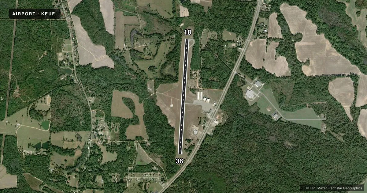 Top-down satellite sketch of KEUF WEEDON FLD in EUFAULA, ALABAMA, showing runways 18/36 drawn to scale over Esri World Imagery