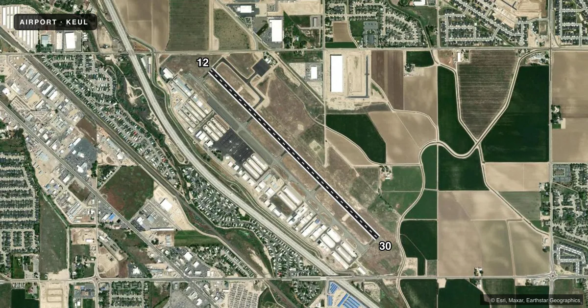 Top-down satellite sketch of KEUL CALDWELL EXEC in CALDWELL, IDAHO, showing runways 12/30 drawn to scale over Esri World Imagery