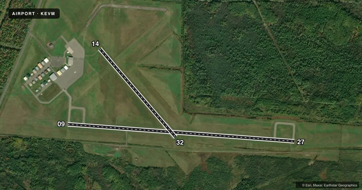 Top-down satellite sketch of KEVM EVELETH/VIRGINIA MUNI in EVELETH, MINNESOTA, showing runways 09/27, 14/32 drawn to scale over Esri World Imagery