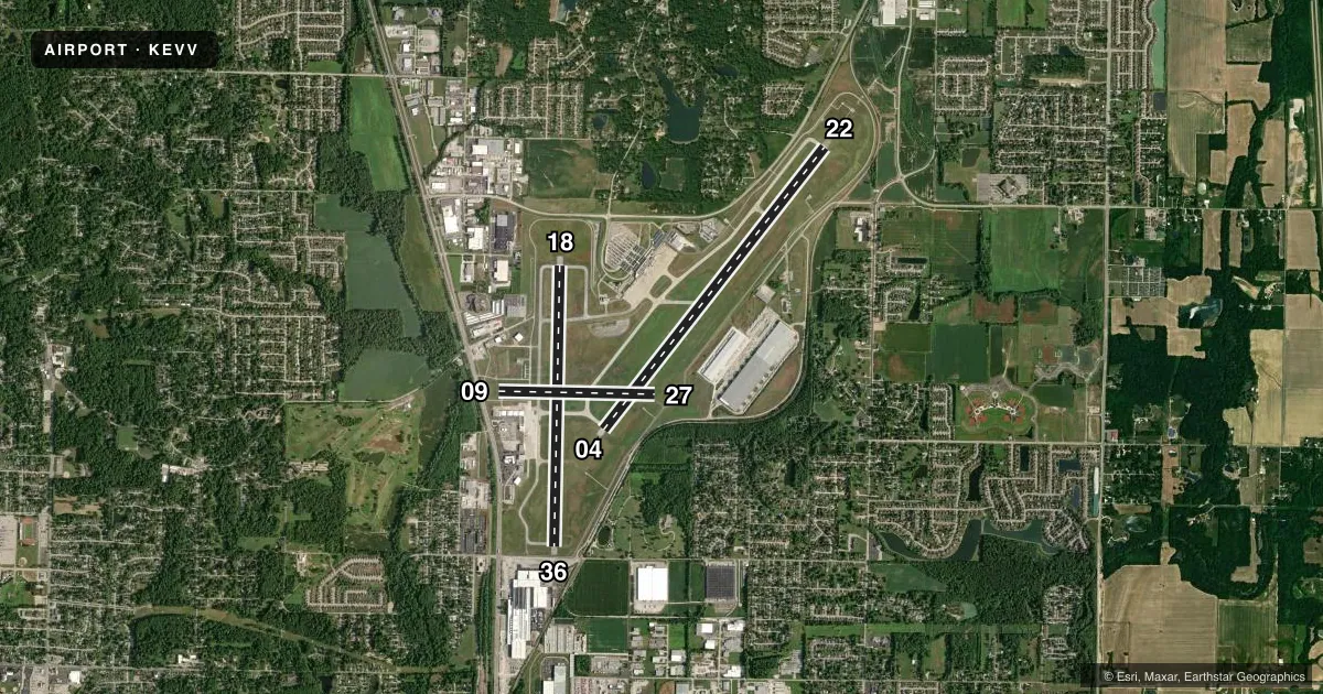Top-down satellite sketch of KEVV EVANSVILLE RGNL in EVANSVILLE, INDIANA, showing runways 04/22, 18/36, 09/27 drawn to scale over Esri World Imagery