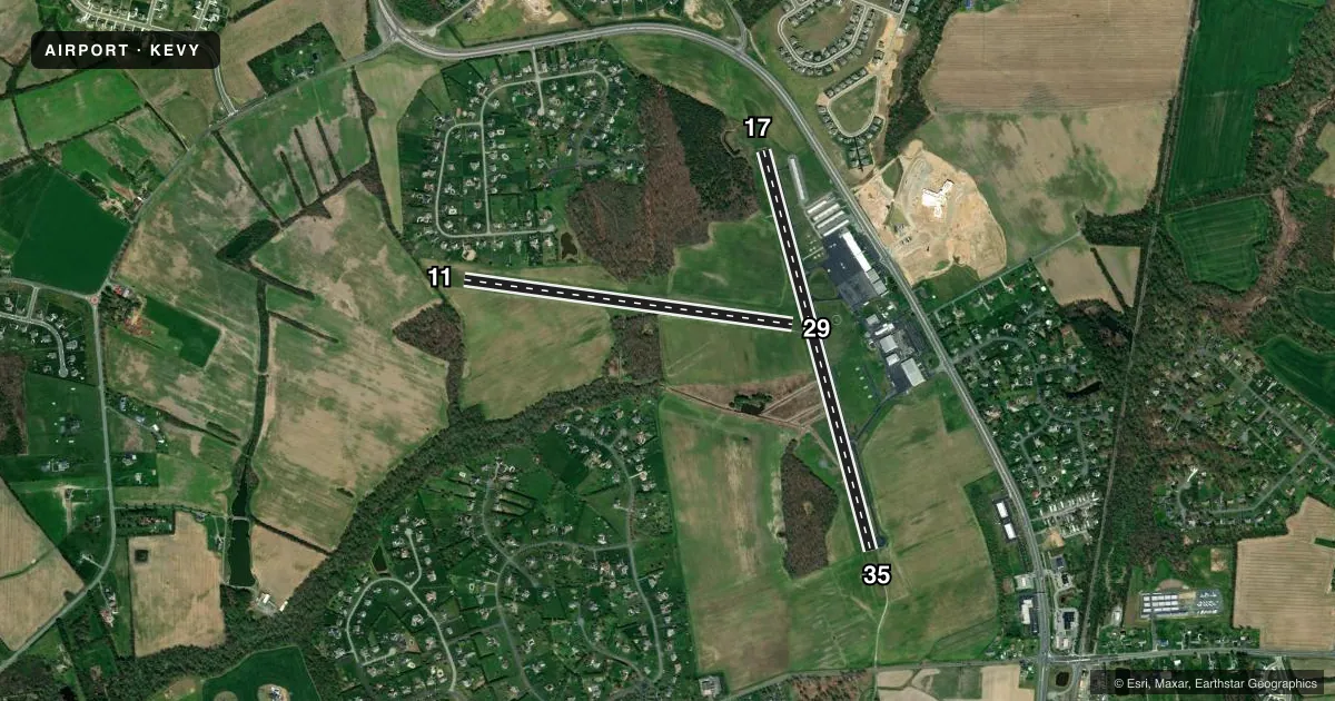 Top-down satellite sketch of KEVY SUMMIT in MIDDLETOWN, DELAWARE, showing runways 17/35, 11/29 drawn to scale over Esri World Imagery