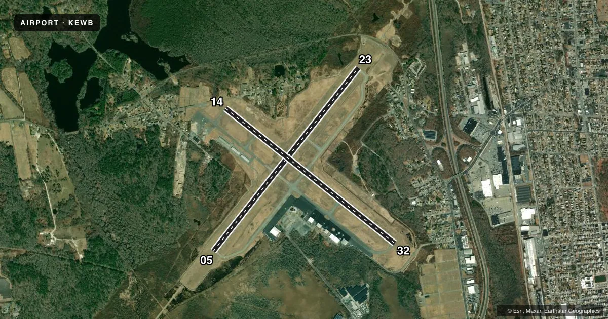 Top-down satellite sketch of KEWB NEW BEDFORD RGNL in NEW BEDFORD, MASSACHUSETTS, showing runways 05/23, 14/32 drawn to scale over Esri World Imagery