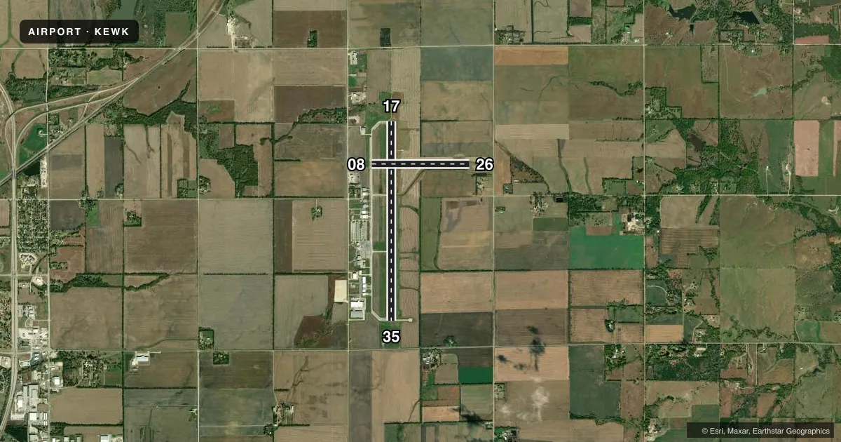 Top-down satellite sketch of KEWK NEWTON-CITY-COUNTY in NEWTON, KANSAS, showing runways 17/35, 08/26 drawn to scale over Esri World Imagery