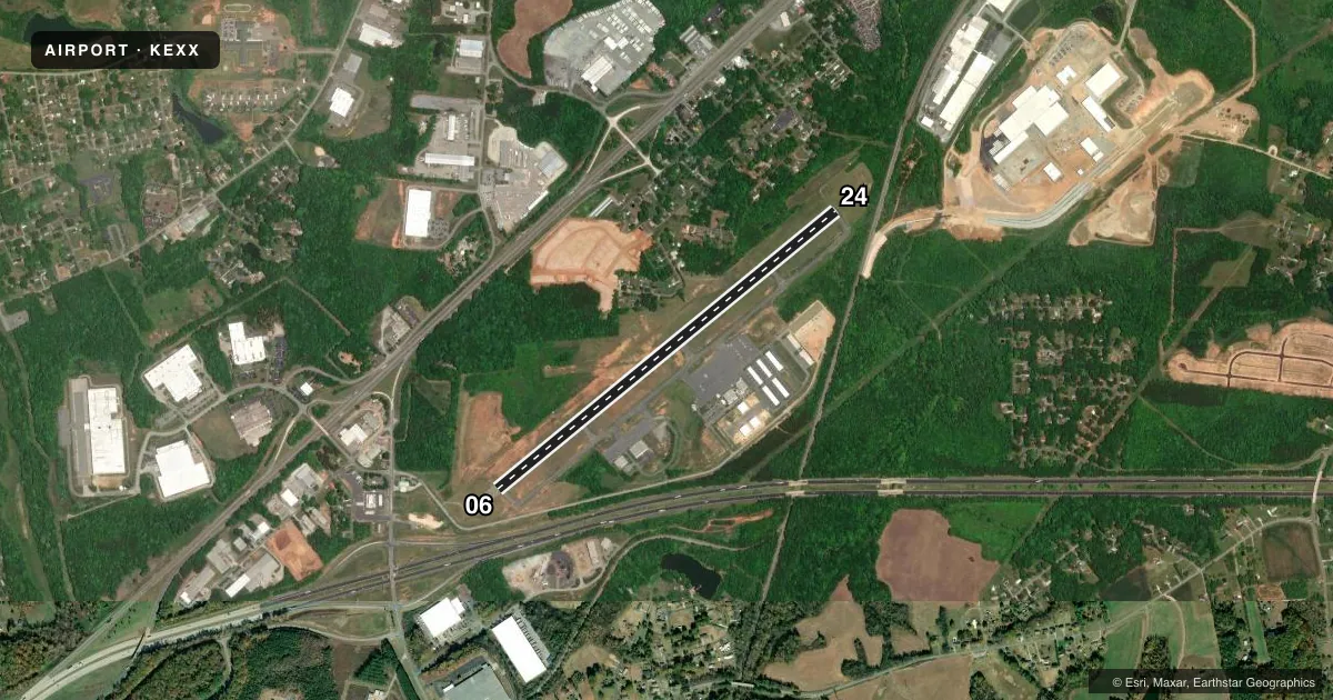 Top-down satellite sketch of KEXX DAVIDSON COUNTY EXEC in LEXINGTON, NORTH CAROLINA, showing runways 06/24 drawn to scale over Esri World Imagery