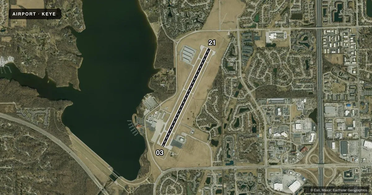 Top-down satellite sketch of KEYE EAGLE CREEK AIRPARK in INDIANAPOLIS, INDIANA, showing runways 03/21 drawn to scale over Esri World Imagery