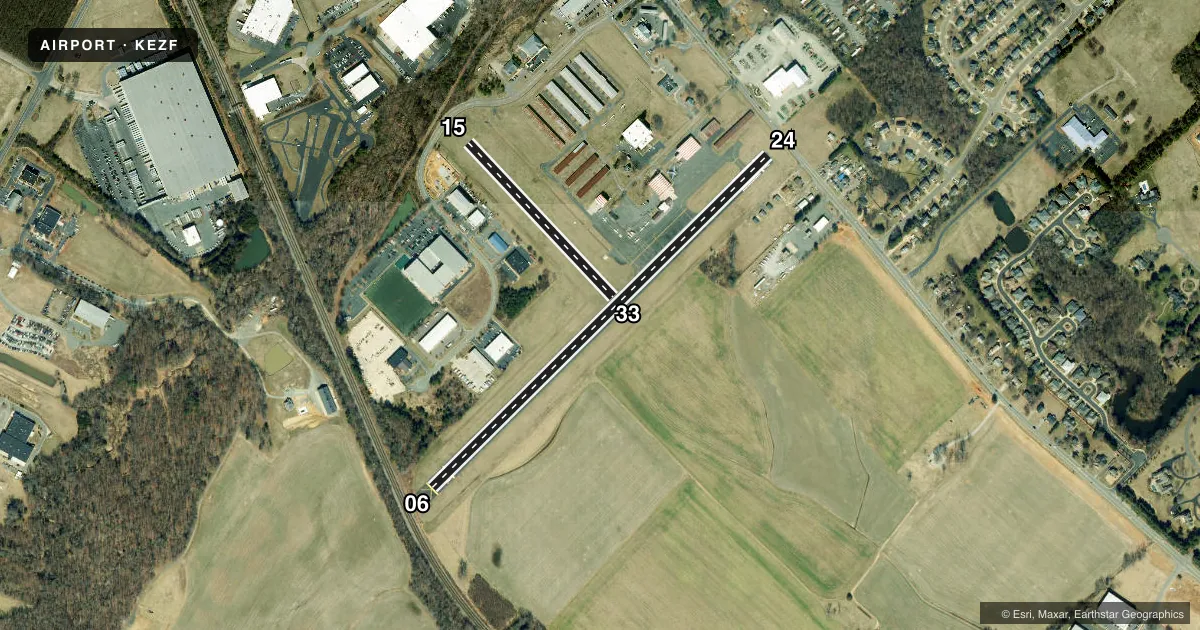 Top-down satellite sketch of KEZF SHANNON in FREDERICKSBURG, VIRGINIA, showing runways 06/24, 15/33 drawn to scale over Esri World Imagery