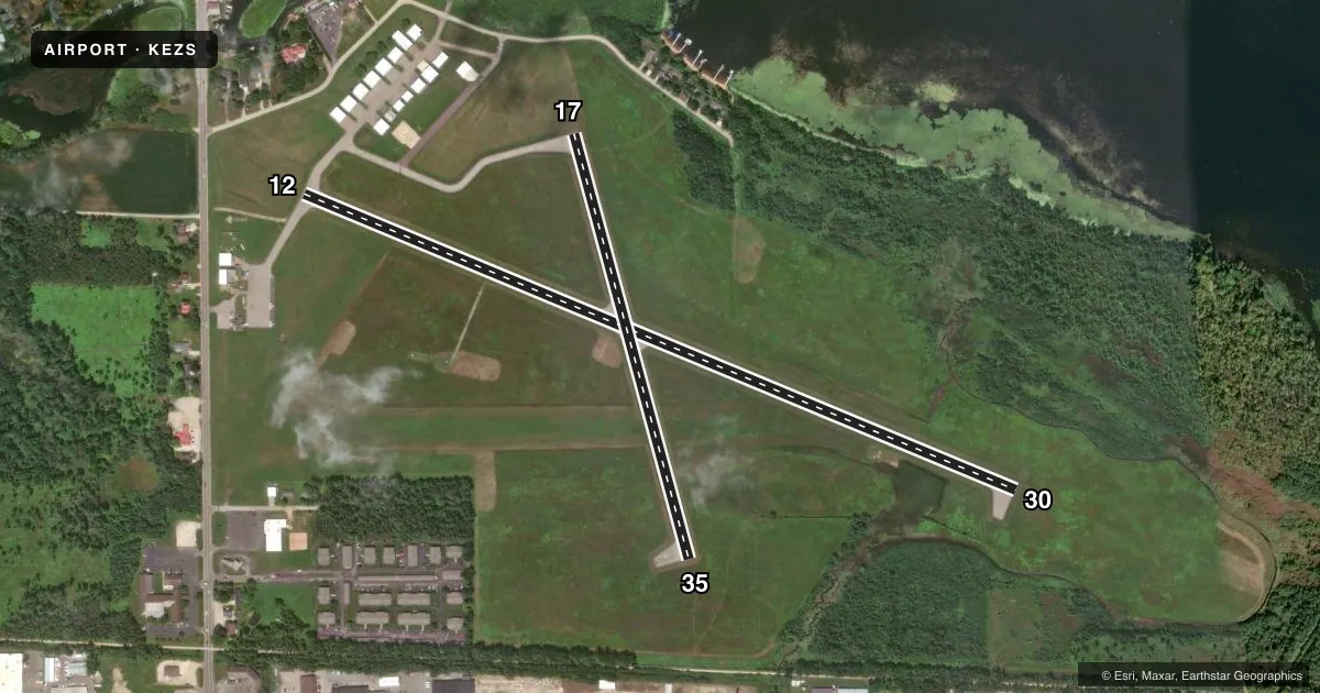 Top-down satellite sketch of KEZS SHAWANO MUNI in SHAWANO, WISCONSIN, showing runways 12/30, 17/35 drawn to scale over Esri World Imagery