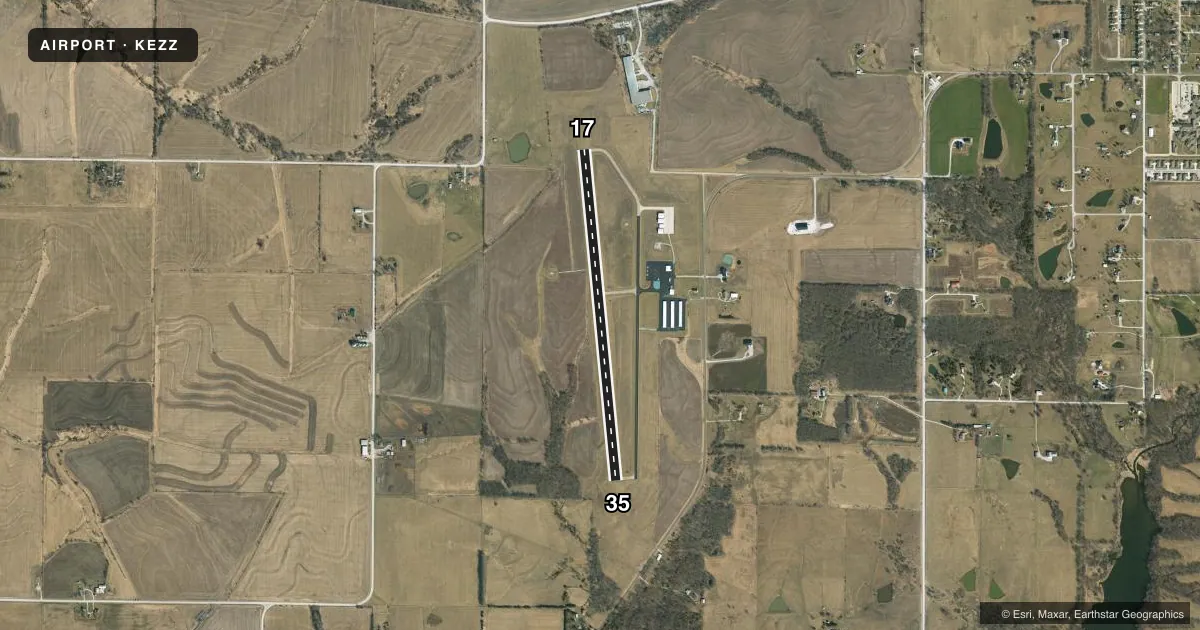 Top-down satellite sketch of KEZZ CAMERON MEML in CAMERON, MISSOURI, showing runways 17/35 drawn to scale over Esri World Imagery