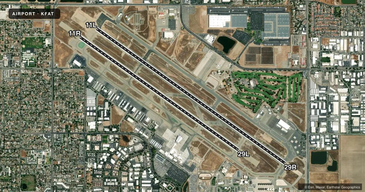 Top-down satellite sketch of KFAT FRESNO YOSEMITE INTL in FRESNO, CALIFORNIA, showing runways 11L/29R, 11R/29L drawn to scale over Esri World Imagery
