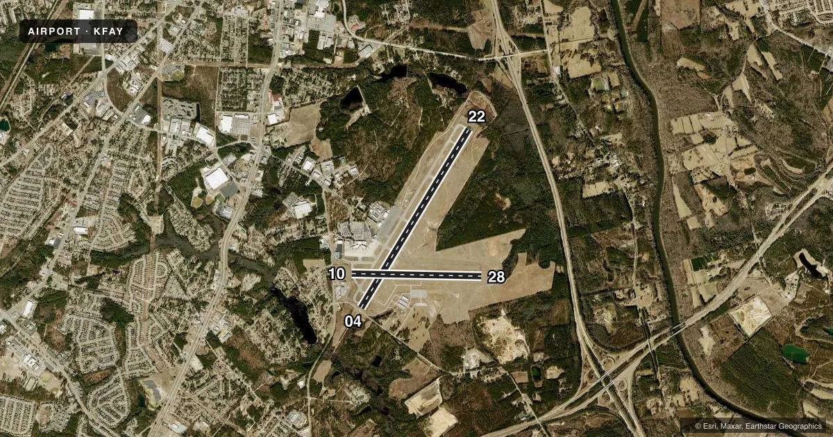 Top-down satellite sketch of KFAY FAYETTEVILLE RGNL/GRANNIS FLD in FAYETTEVILLE, NORTH CAROLINA, showing runways 04/22, 10/28 drawn to scale over Esri World Imagery