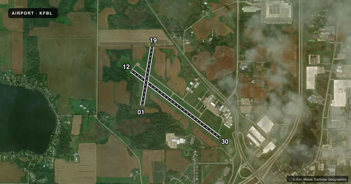 Top-down satellite sketch of KFBL FARIBAULT MUNI-LIZ WALL STROHFUS FLD in FARIBAULT, MINNESOTA, showing runways 12/30, 01/19 drawn to scale over Esri World Imagery