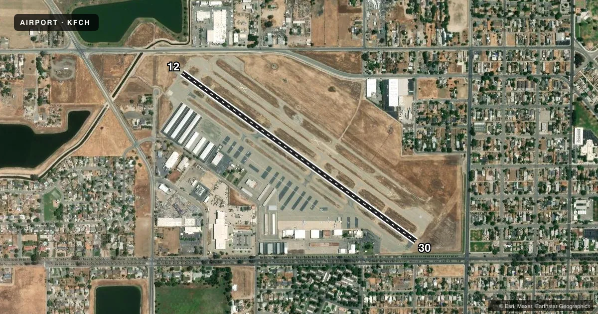 Top-down satellite sketch of KFCH FRESNO CHANDLER EXEC in FRESNO, CALIFORNIA, showing runways 12/30 drawn to scale over Esri World Imagery