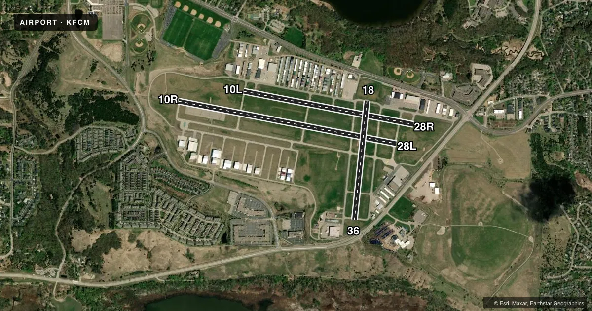 Top-down satellite sketch of KFCM FLYING CLOUD in MINNEAPOLIS, MINNESOTA, showing runways 10R/28L, 10L/28R, 18/36 drawn to scale over Esri World Imagery