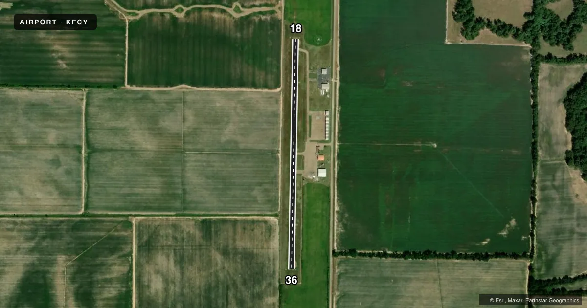 Top-down satellite sketch of KFCY HUTFLY in FORREST CITY, ARKANSAS, showing runways 18/36 drawn to scale over Esri World Imagery