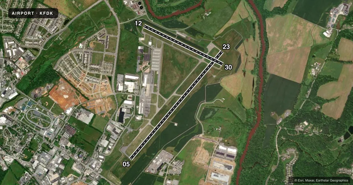 Top-down satellite sketch of KFDK FREDERICK MUNI in FREDERICK, MARYLAND, showing runways 05/23, 12/30 drawn to scale over Esri World Imagery