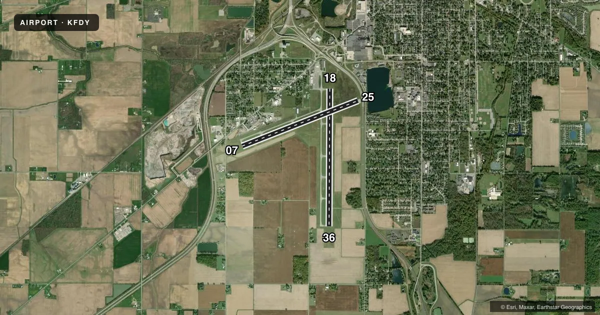 Top-down satellite sketch of KFDY FINDLAY in FINDLAY, OHIO, showing runways 18/36, 07/25 drawn to scale over Esri World Imagery