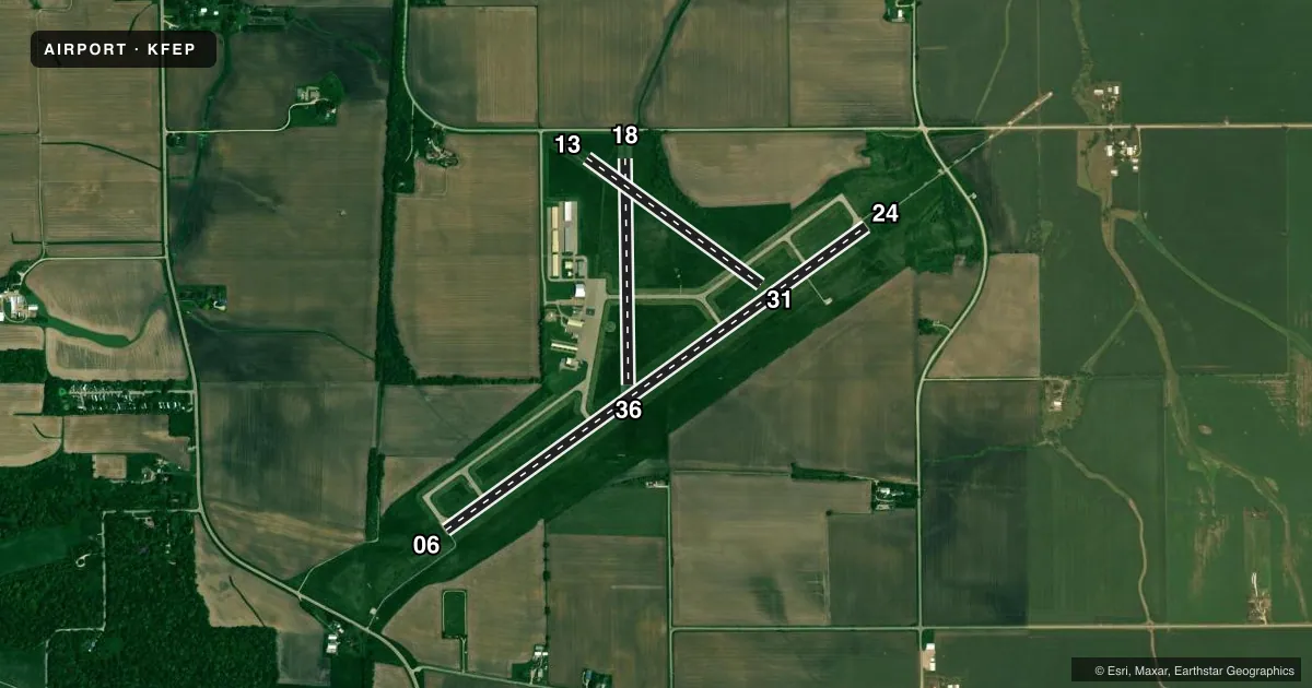 Top-down satellite sketch of KFEP ALBERTUS in FREEPORT, ILLINOIS, showing runways 06/24, 18/36, 13/31 drawn to scale over Esri World Imagery