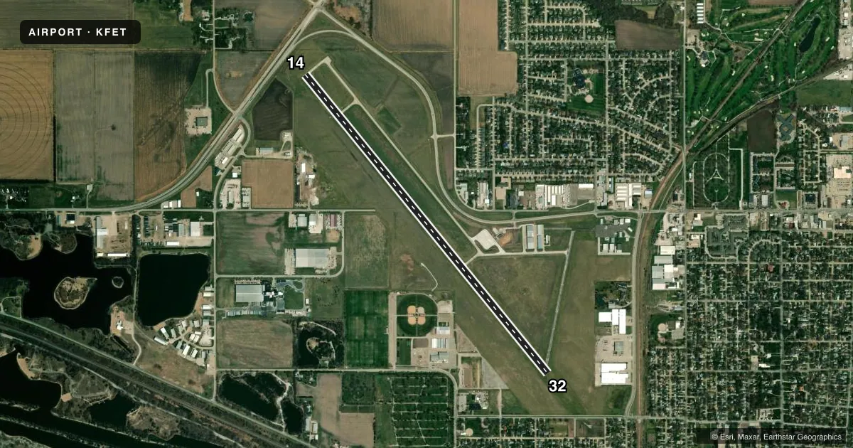 Top-down satellite sketch of KFET FREMONT MUNI in FREMONT, NEBRASKA, showing runways 14/32 drawn to scale over Esri World Imagery