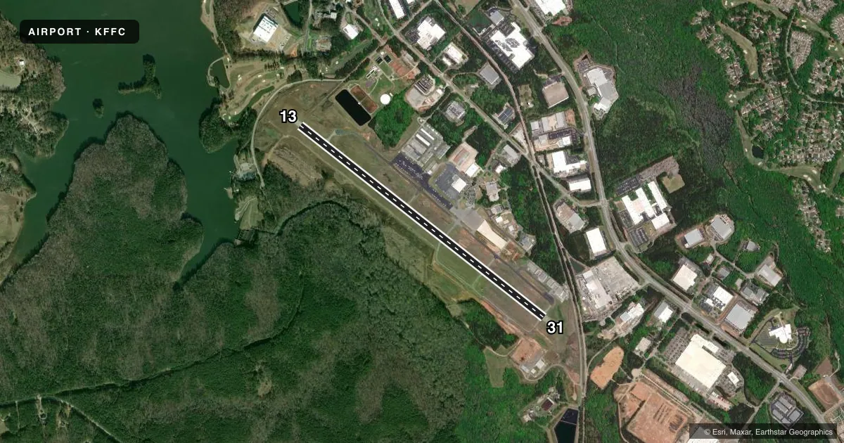 Top-down satellite sketch of KFFC ATLANTA RGNL FALCON FLD in ATLANTA, GEORGIA, showing runways 13/31 drawn to scale over Esri World Imagery