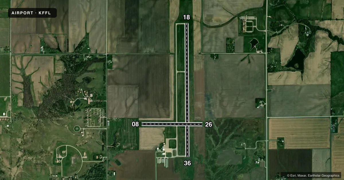Top-down satellite sketch of KFFL FAIRFIELD MUNI in FAIRFIELD, IOWA, showing runways 18/36, 08/26 drawn to scale over Esri World Imagery