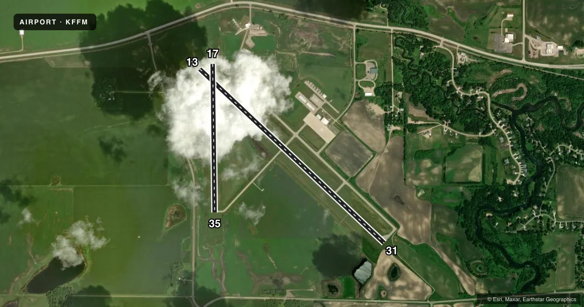 Top-down satellite sketch of KFFM FERGUS FALLS RGNL in FERGUS FALLS, MINNESOTA, showing runways 13/31, 17/35 drawn to scale over Esri World Imagery