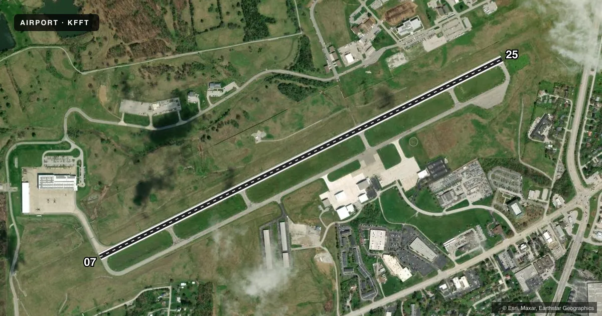 Top-down satellite sketch of KFFT CAPITAL CITY in FRANKFORT, KENTUCKY, showing runways 07/25 drawn to scale over Esri World Imagery