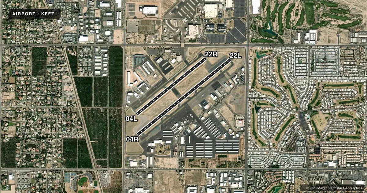 Top-down satellite sketch of KFFZ FALCON FLD in MESA, ARIZONA, showing runways 04R/22L, 04L/22R drawn to scale over Esri World Imagery