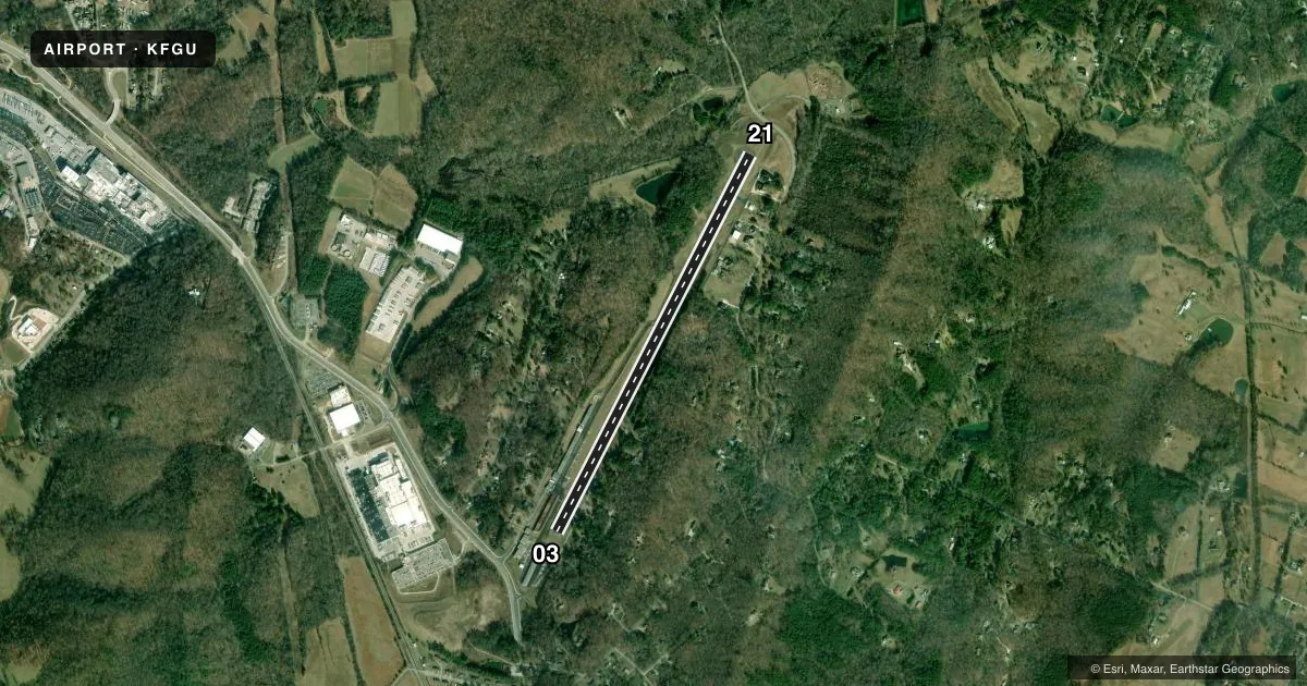 Top-down satellite sketch of KFGU COLLEGEDALE MUNI in COLLEGEDALE, TENNESSEE, showing runways 03/21 drawn to scale over Esri World Imagery
