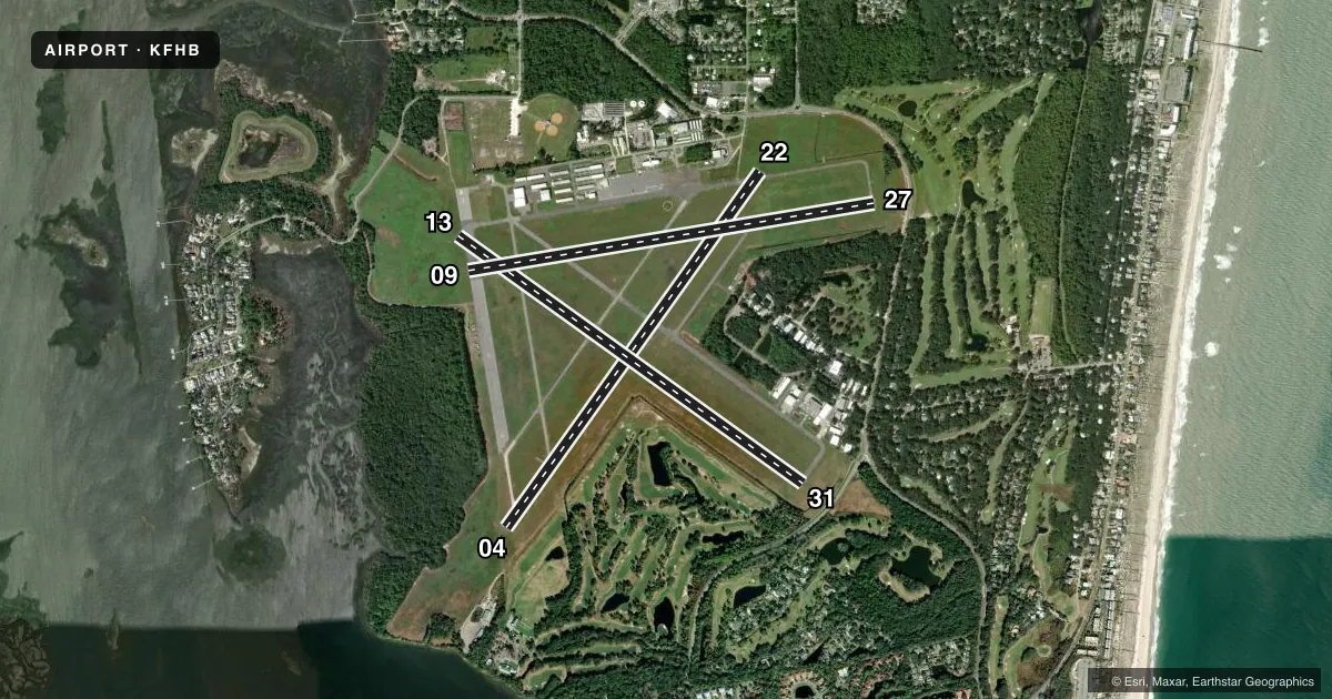 Top-down satellite sketch of KFHB FERNANDINA BEACH MUNI in FERNANDINA BEACH, FLORIDA, showing runways 04/22, 13/31, 09/27 drawn to scale over Esri World Imagery