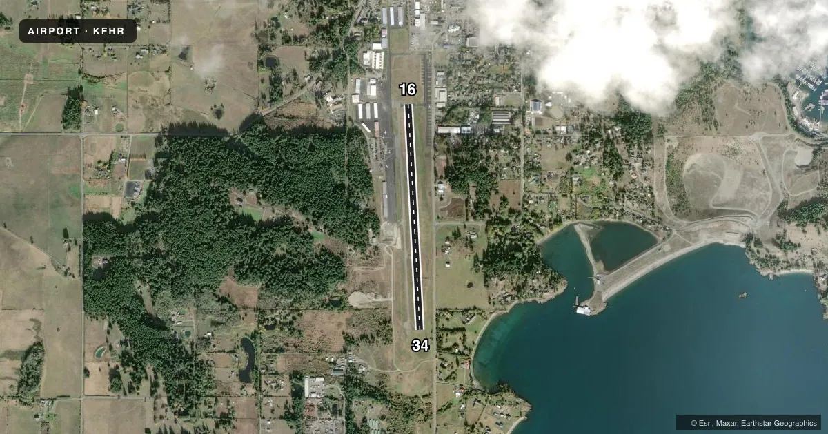 Top-down satellite sketch of KFHR FRIDAY HARBOR in FRIDAY HARBOR, WASHINGTON, showing runways 16/34 drawn to scale over Esri World Imagery