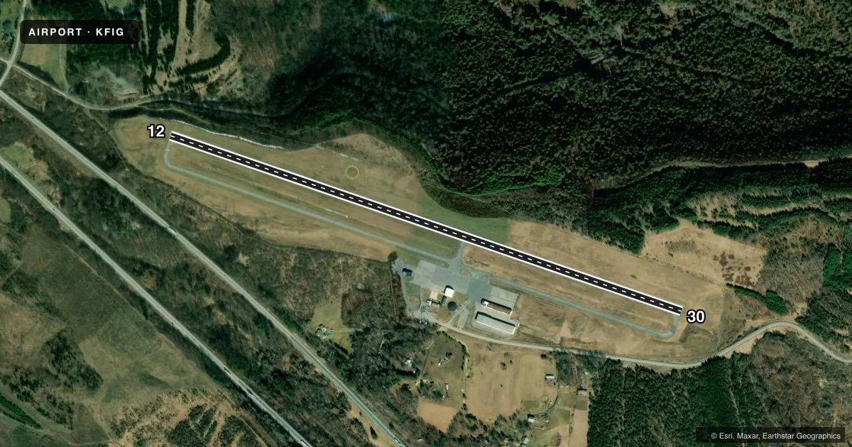 Top-down satellite sketch of KFIG CLEARFIELD-LAWRENCE in CLEARFIELD, PENNSYLVANIA, showing runways 12/30 drawn to scale over Esri World Imagery