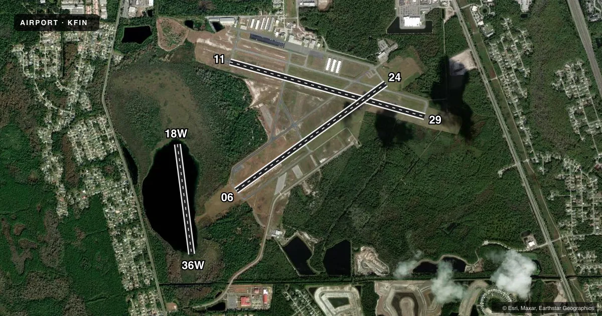 Top-down satellite sketch of KFIN FLAGLER EXEC in PALM COAST, FLORIDA, showing runways 11/29, 06/24, 18W/36W drawn to scale over Esri World Imagery