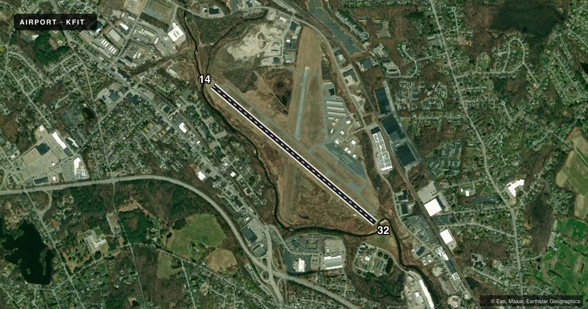 Top-down satellite sketch of KFIT FITCHBURG MUNI in FITCHBURG, MASSACHUSETTS, showing runways 14/32 drawn to scale over Esri World Imagery