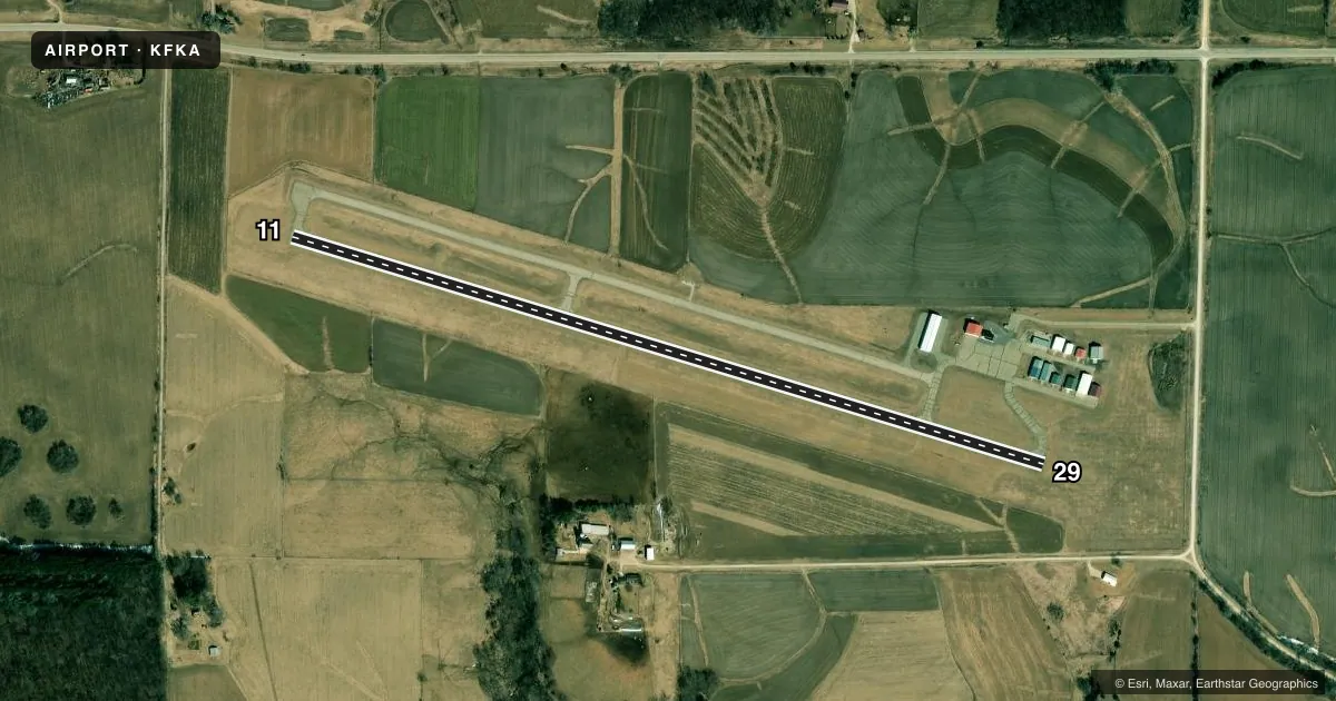 Top-down satellite sketch of KFKA FILLMORE COUNTY in PRESTON, MINNESOTA, showing runways 11/29 drawn to scale over Esri World Imagery