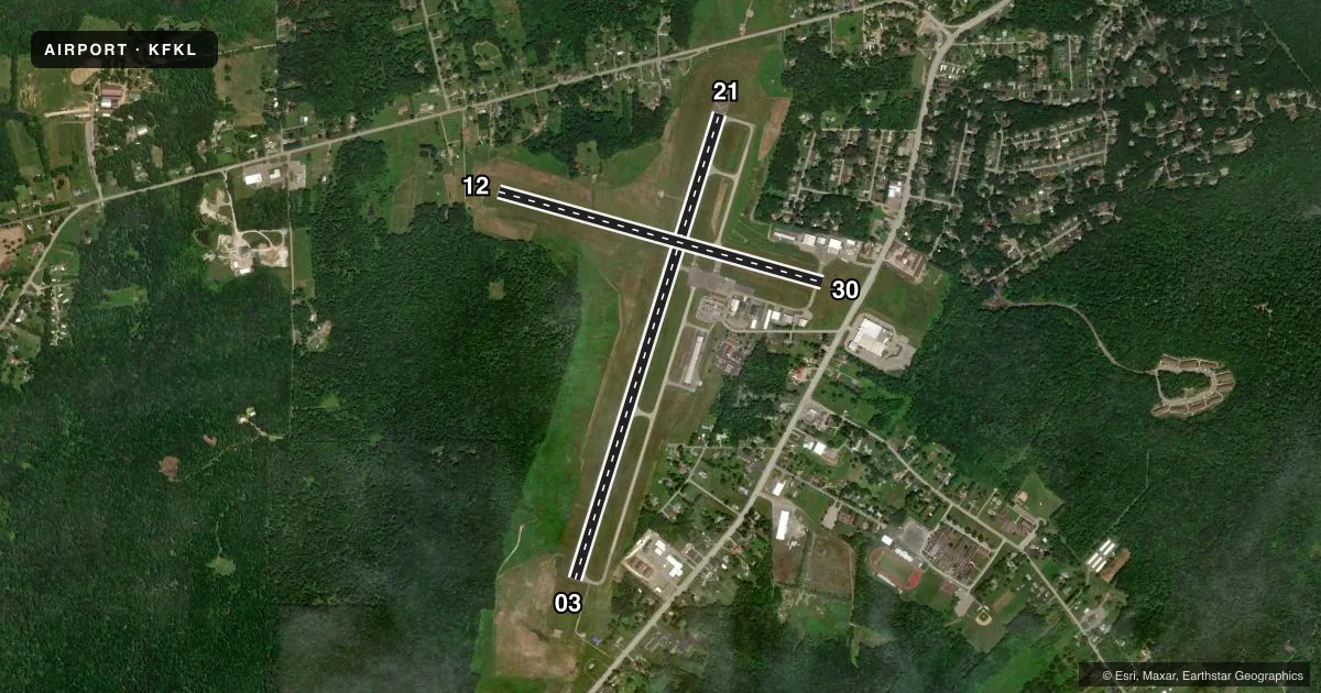 Top-down satellite sketch of KFKL VENANGO RGNL in FRANKLIN, PENNSYLVANIA, showing runways 03/21, 12/30 drawn to scale over Esri World Imagery