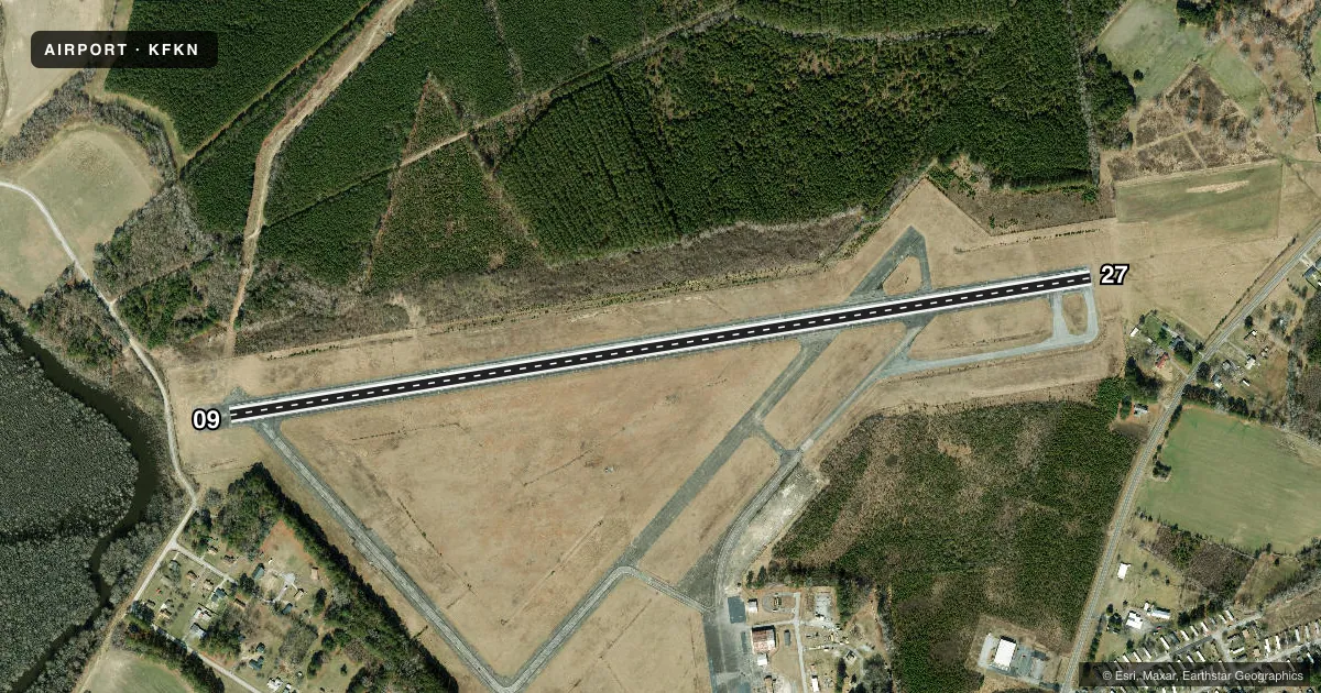 Top-down satellite sketch of KFKN FRANKLIN RGNL in FRANKLIN, VIRGINIA, showing runways 09/27 drawn to scale over Esri World Imagery